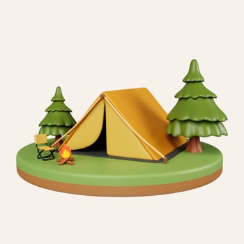 3d Campsite in nature and elements for camping, summer camp, traveling, trip, hiking. icon isolated on white background. 3d rendering illustration. Clipping path..