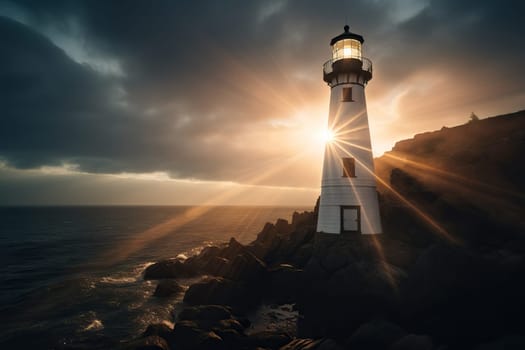 Lighthouse on the island in the bright rays of sunset or dawn.