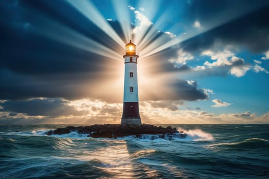 Bright sun rays illuminate the lighthouse in the sea. Symbol of hope.