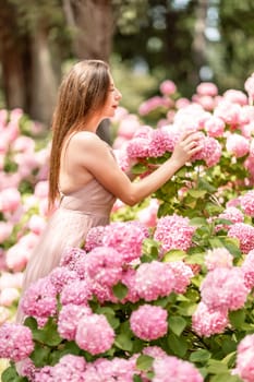 Hydrangeas Happy woman in pink dress amid hydrangeas. Large pink hydrangea caps surround woman. Sunny outdoor setting. Showcasing happy woman amid hydrangea bloom