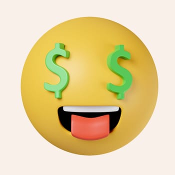 3d Rich emoji. Money Cash Dollar Face Emoji. icon isolated on gray background. 3d rendering illustration. Clipping path..