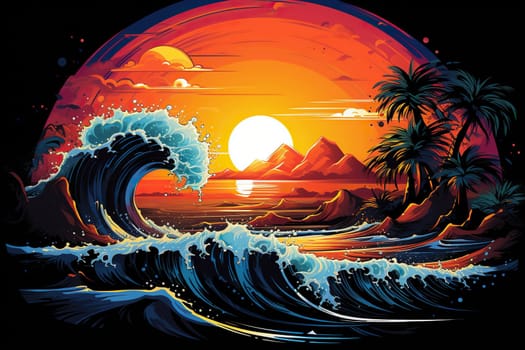 Beautiful seascape with sunset, palm trees and high waves. Vintage tone.