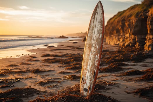 Old surfboard in the sand on the beach near the sea wave.