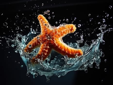 Starfish in splashes of water isolated on a black background.