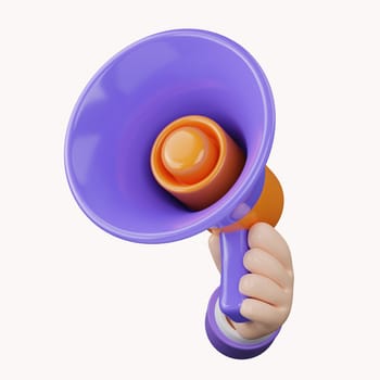 Cartoon hand holding megaphone 3d render on white isolated background. Digital Marketing concept..