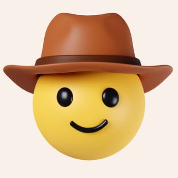3d Cowboy hat emoji. Happy smiled emoticon with brown leather brimmed hat. icon isolated on gray background. 3d rendering illustration. Clipping path..