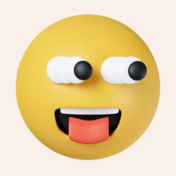 3d Goofy emoticon with crazy eyes and tongue out. Yellow face emoji. icon isolated on gray background. 3d rendering illustration. Clipping path..