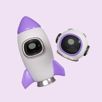 3d Flying space rocket. Spaceship rocket lunch. icon isolated on purple background. 3d rendering illustration. Clipping path..