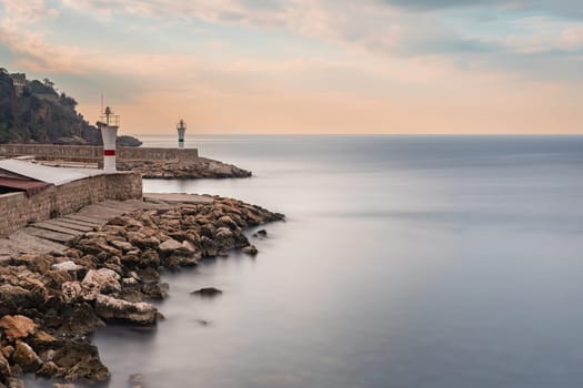 Antalya Old Town marina entrance photographed at sunrise with long exposure technique