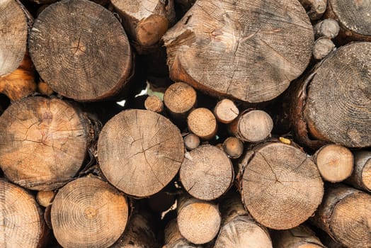 Wall made with a pile of chopped logs of different sizes. log pile background