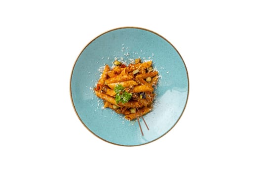 Penne pasta in tomato sauce, tomatoes decorated with parsley on white background