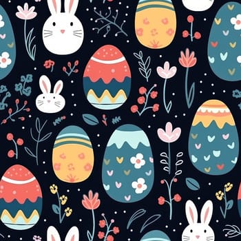 Easter egg seamless pattern with cute cartoon Easter Bunny, eggs, spring flowers. Generative AI.