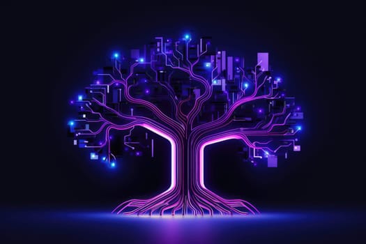 futuristic technological tree, in black background, generative ai.