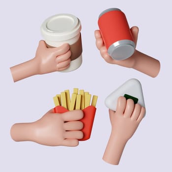 3d Cartoon character hand hold food. icon isolated on gray background. 3d rendering illustration. Clipping path..