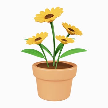 3d yellow flower in plant pot. Floral arrangement garland. icon isolated on white background. 3d rendering illustration. Clipping path.