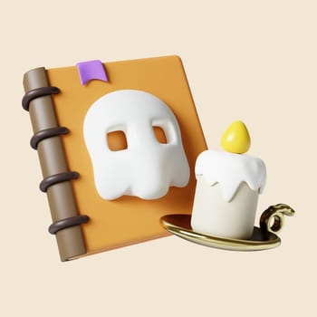 3d Halloween book with candle icon. Traditional element of decor for Halloween. icon isolated on gray background. 3d rendering illustration. Clipping path..