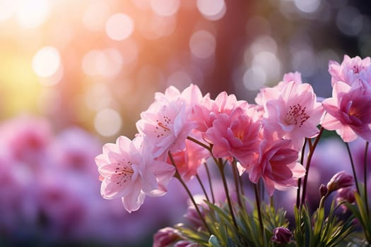 Beautiful pink flowers in the park against a background of soft bokeh light.