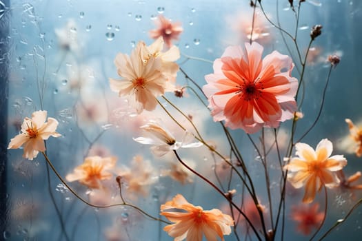 Flowers behind transparent wet glass. Abstract floral aesthetic.