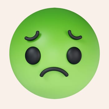 3d Nauseated face emoji with green face. sickly face green with concerned eyes and puffed holding back vomit. icon isolated on gray background. 3d rendering illustration. Clipping path..