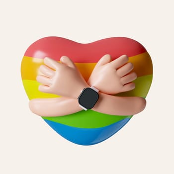 3d hand hug Heart. Lgbt rainbow flag. Gay pride, transgender, lesbian community shiny button in rainbow colors. icon isolated on white background. 3d rendering illustration. Clipping path..