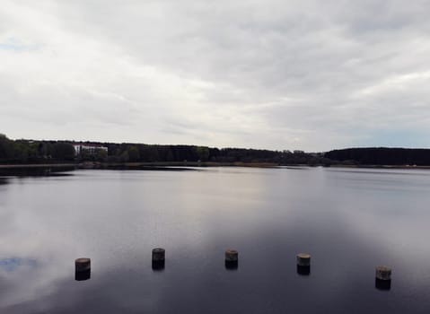 top view of the lake and trees against the gray sky