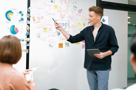 Professional male leader presents start up project by using mind map, colorful sticky notes and business statistic graph with confident while investor listening at business meeting. Immaculate.