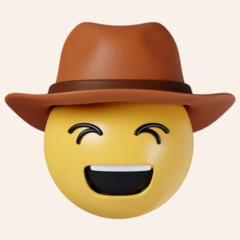 3d Cowboy hat emoji. Happy smiled emoticon with brown leather brimmed hat. icon isolated on gray background. 3d rendering illustration. Clipping path..