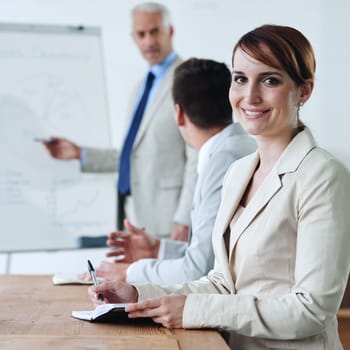 Meeting, presentation and business woman in portrait, notes for planning with collaboration or corporate training session. Seminar, information and CEO with whiteboard, smile for team and strategy.