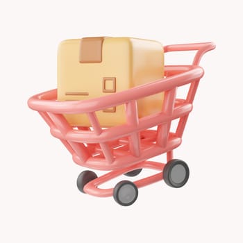 3D Shopping cart and cardboard box. Fast delivery concept from online store. Shipping logistics package delivery. Cargo box. Cartoon creative design icon isolated on white background. 3D Rendering.