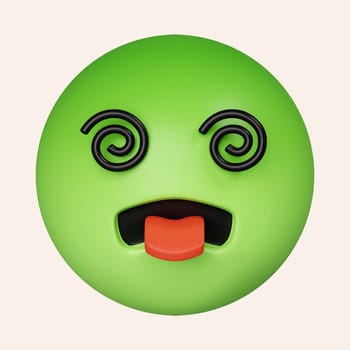 3d Nauseated face emoji with green face. sickly face green with concerned eyes and puffed holding back vomit. icon isolated on gray background. 3d rendering illustration. Clipping path..