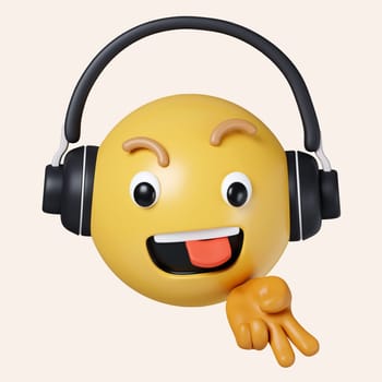3D Emoji Emoticon Face With Headset. icon isolated on gray background. 3d rendering illustration. Clipping path..