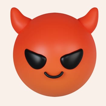 3d emoticon smiling with horns, devil emoji. Red face devil emoji. icon isolated on gray background. 3d rendering illustration. Clipping path..