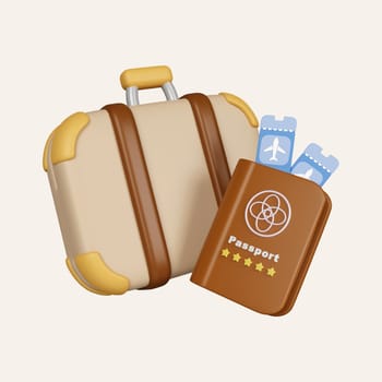 3D Brown Suitcase passport icon. Identification Document. icon isolated on white background. 3d rendering illustration. Clipping path..
