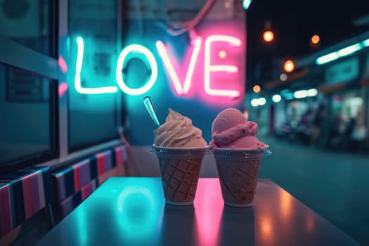 ice cream cafe display love background in neon light. valentine's day card, AI generative.