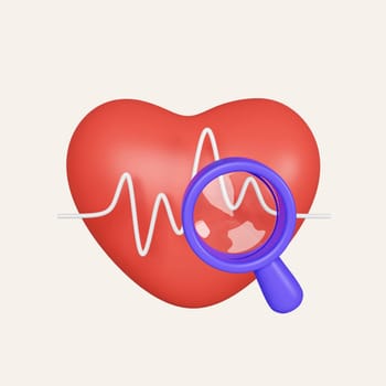 3d annual health check concept. Health insurance concept. Heart with a heart wave and magnifying glass. icon isolated on white background. 3d rendering illustration. Clipping path..