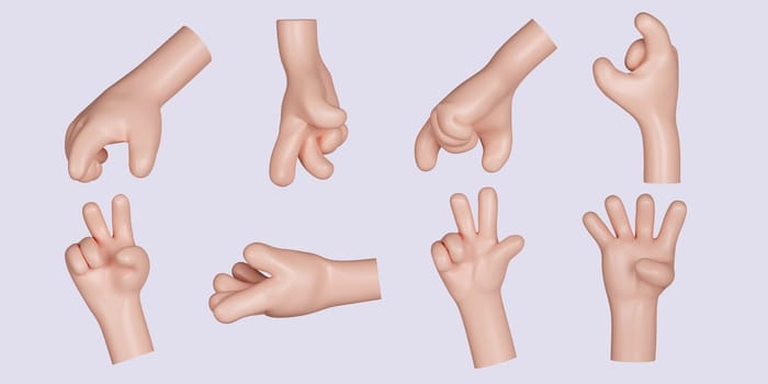 3d Cartoon character hand gesture set . icon isolated on gray background. 3d rendering illustration. Clipping path..