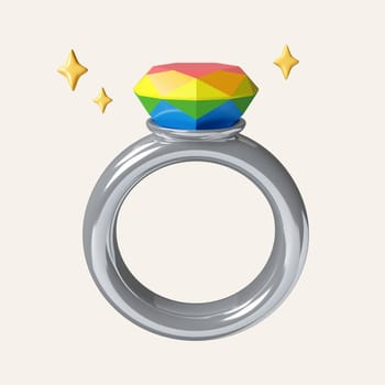 3d A LGBT jewelry ring. Marriage flying metal rainbow lgbt rings. icon isolated on white background. 3d rendering illustration. Clipping path..