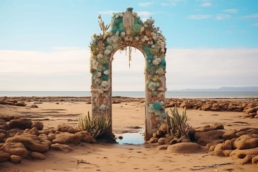 Arch covered with corals on the sea coast.