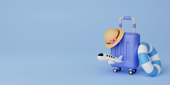 3d luggage or baggage and planes about tourism and all object on blue background, 3d on blue background for travel and transport concept design.