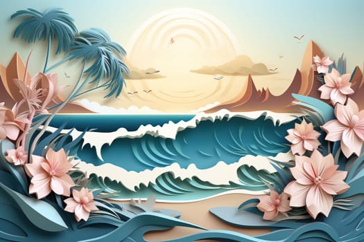 Sea waves with palm and flowers in paper cut out style.