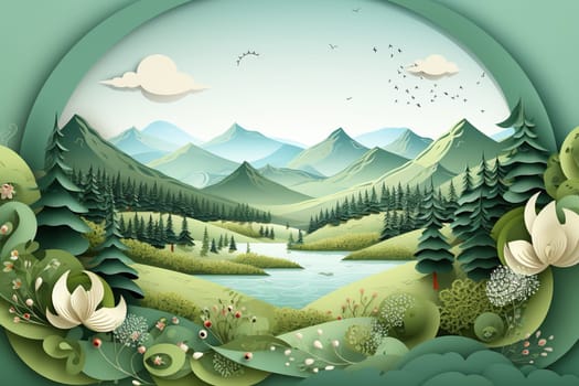 Summer landscape with mountains, green grass and river in paper cut style.