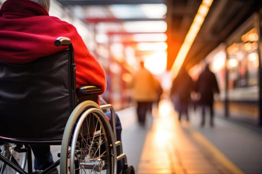 closeup of disabled person riding in wheelchair at train station . disability insurance. generative AI.