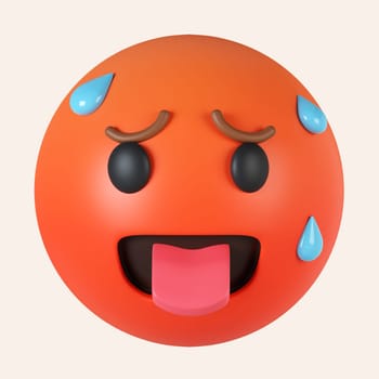 3d Hot emoji. Overheated emoticon, red face with tongue stuck out. icon isolated on gray background. 3d rendering illustration. Clipping path..