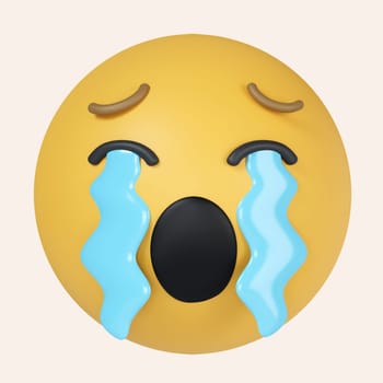 3d Loudly crying face icon. Yellow emoji with his mouth open, tears streaming from his closed eyes. icon isolated on gray background. 3d rendering illustration. Clipping path..