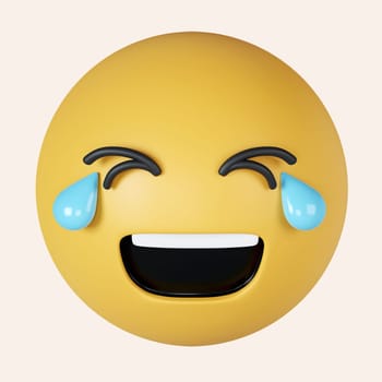 3d Laugh Emoticon with Tears of Joy. Happy cartoon emoticon. Emoji face laugh and crying. icon isolated on gray background. 3d rendering illustration. Clipping path..