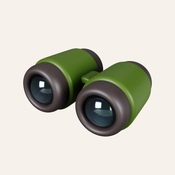 3d Binoculars. Camping and hiking equipment. Summer camp and holiday vacation. icon isolated on white background. 3d rendering illustration. Clipping path..