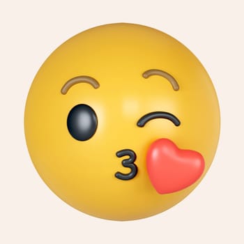 3d emoji. Kissing face emoji with red heart. icon isolated on gray background. 3d rendering illustration. Clipping path..