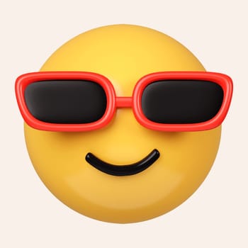 3d Cool emoticon. Smiling face with sunglasses emoji. Happy smile person wearing dark glasses. icon isolated on gray background. 3d rendering illustration. Clipping path..