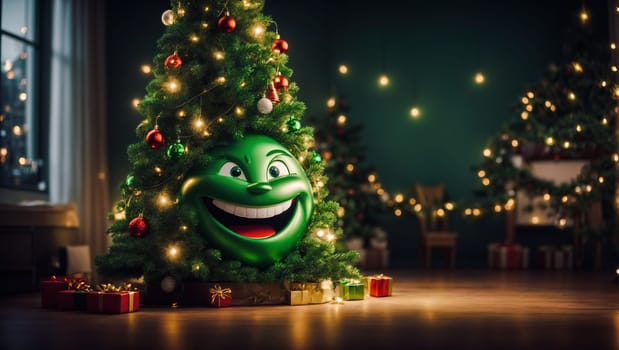 Christmas concept in a room with animated small lit tree with a cartoon-like smiling face against an illuminated bokeh background with copy space.