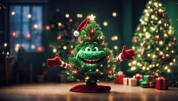 Christmas concept in a room with animated small lit tree with a grinch smiling face and hands against an illuminated bokeh background with copy space.